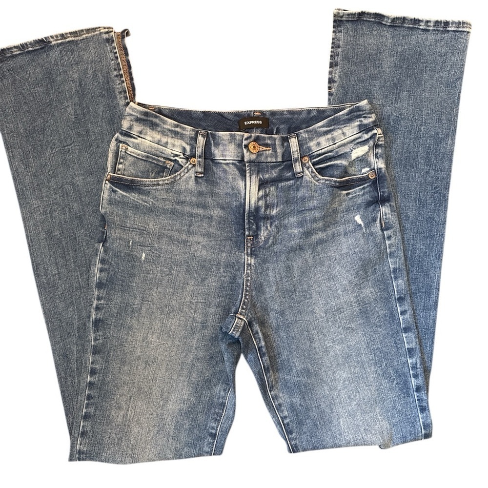 EXPRESS SKYSCRAPER Mid rise stretch Distressed Blue Jeans SZ 6 8 10 Medium M - Picture 6 of 9